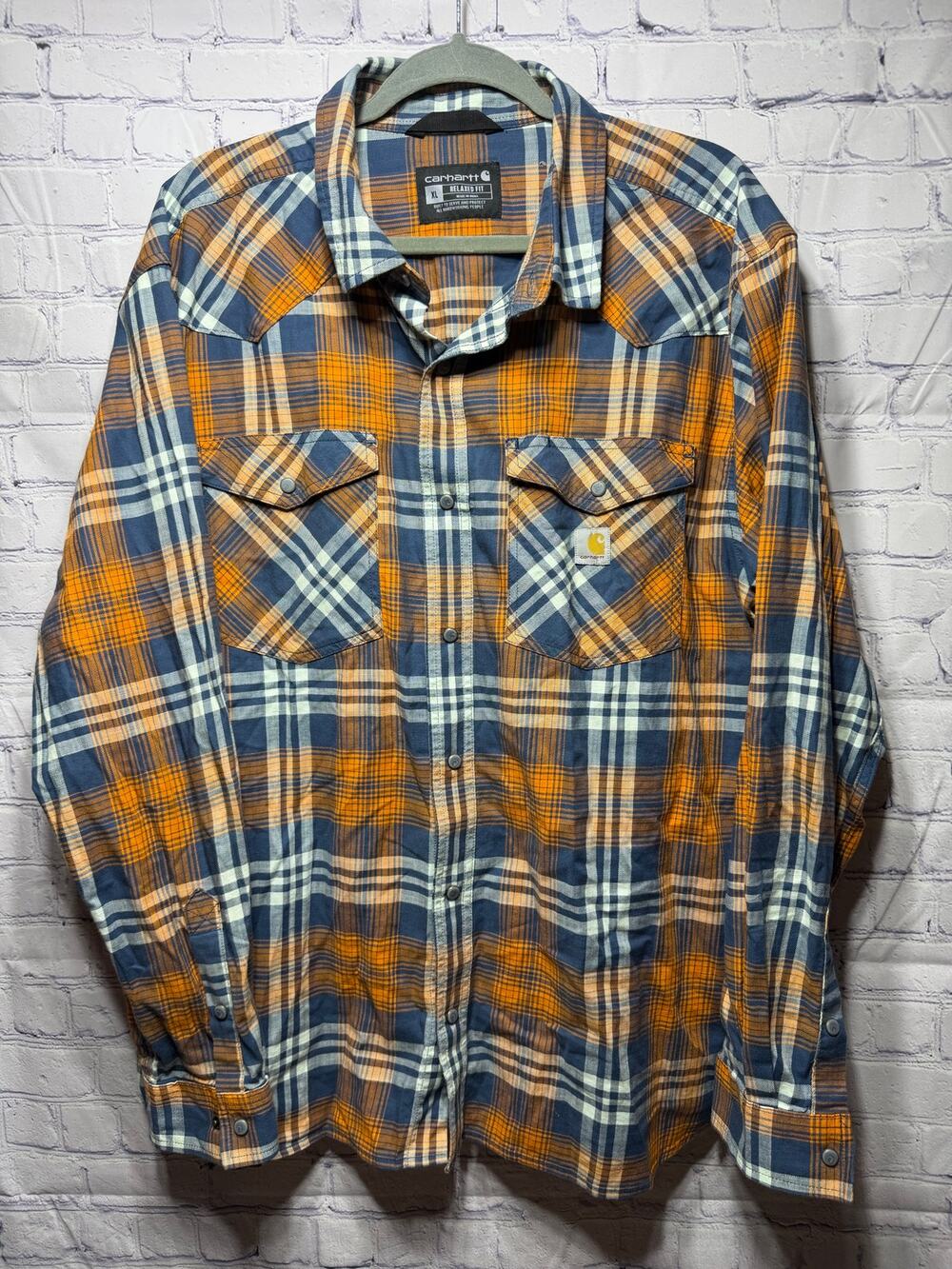 Carhartt Mens Relaxed Fit Plaid Button Down Orange Blue Sz XL Casual
